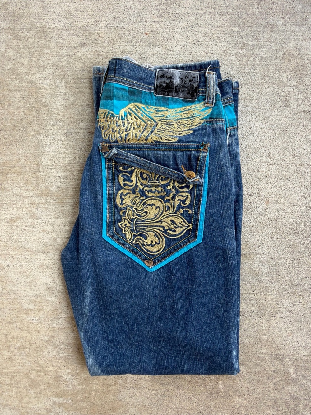Clench Men’s Jeans Embroidered Denim Washed Size 36 X 34